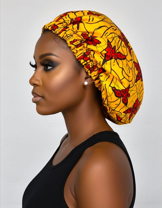 Bold Butterfly Print Satin Silk Bonnet – Yellow & Red Hair Wrap for Braids & Curls UK