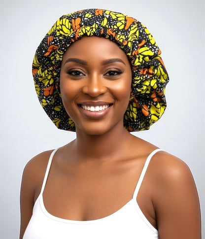 Satin Silk Double-Layered Ankara Bonnet Cap – Silver Lined Sleep Cap for Braids, Locs & Natural Hair