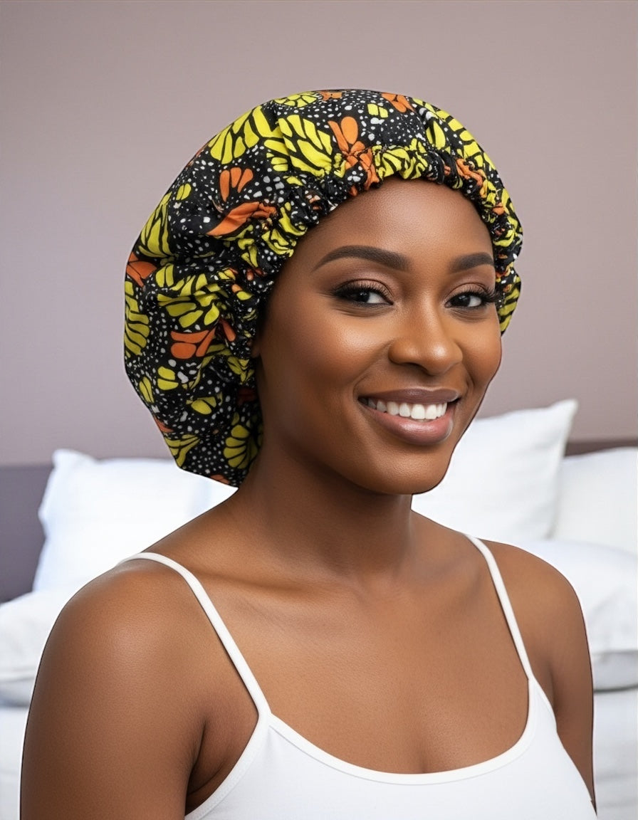 Satin Silk Double-Layered Ankara Bonnet Cap – Silver Lined Sleep Cap for Braids, Locs & Natural Hair