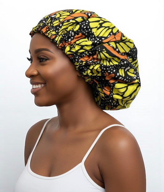 Satin Silk Double-Layered Ankara Bonnet Cap – Silver Lined Sleep Cap for Braids, Locs & Natural Hair