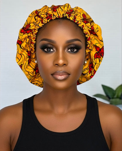 Bold Butterfly Print Satin Silk Bonnet – Yellow & Red Hair Wrap for Braids & Curls UK