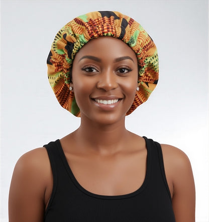 Satin Silk Double-Layered Ankara Bonnet Cap – Elastic Band Night Sleep Hat for Braids & Natural Hair