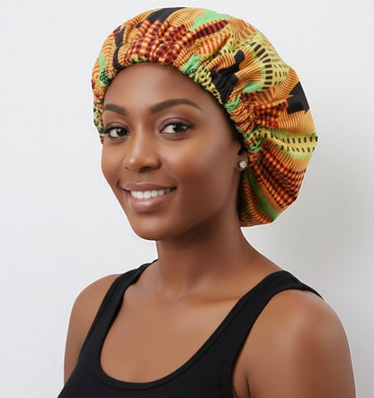 Satin Silk Double-Layered Ankara Bonnet Cap – Elastic Band Night Sleep Hat for Braids & Natural Hair