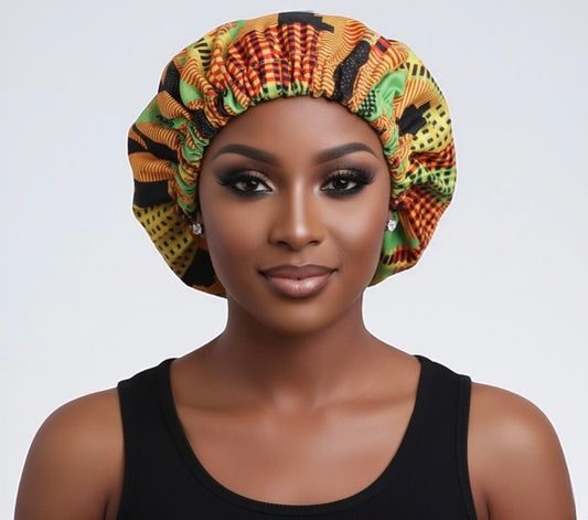 Satin Silk Double-Layered Ankara Bonnet Cap – Elastic Band Night Sleep Hat for Braids & Natural Hair
