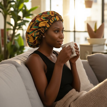 Double Layered Ankara Kente Satin Silk Bonnet Cap – Reversible Sleep Cap for Natural Hair, Braids & Locs