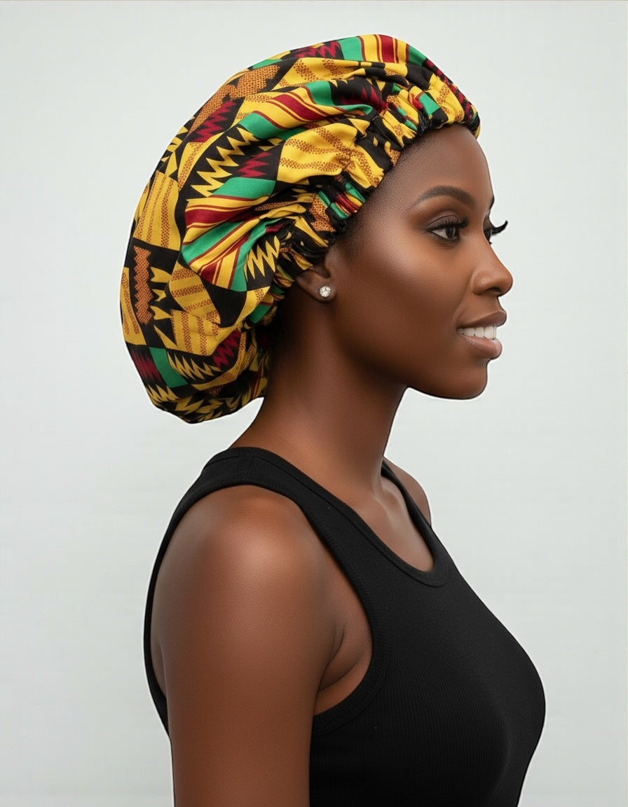 Double Layered Ankara Kente Satin Silk Bonnet Cap – Reversible Sleep Cap for Natural Hair, Braids & Locs