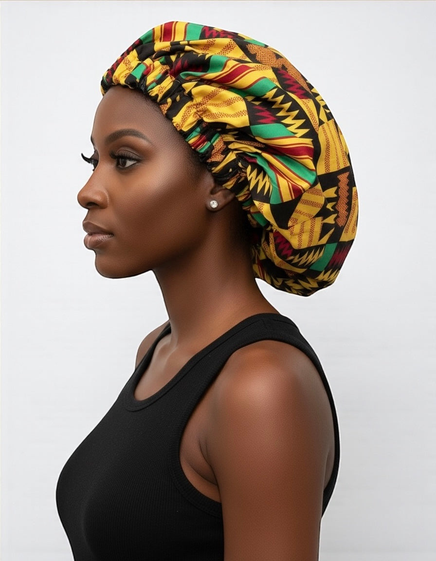 Double Layered Ankara Kente Satin Silk Bonnet Cap – Reversible Sleep Cap for Natural Hair, Braids & Locs