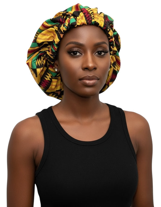 Double Layered Ankara Kente Satin Silk Bonnet Cap – Reversible Sleep Cap for Natural Hair, Braids & Locs