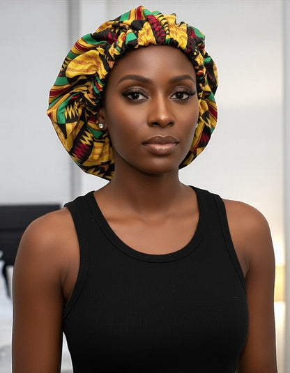 Double Layered Ankara Kente Satin Silk Bonnet Cap – Reversible Sleep Cap for Natural Hair, Braids & Locs