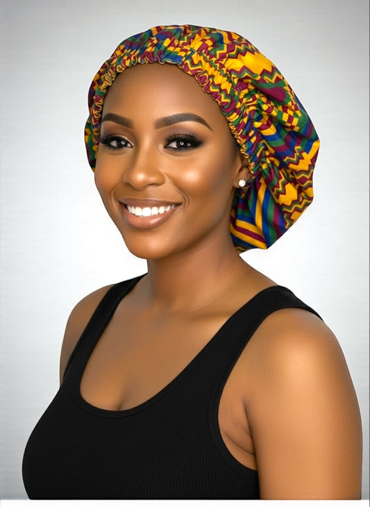 Bold African Print Satin Bonnet – Kente Pattern Sleep Cap for Natural Hair & Braids
