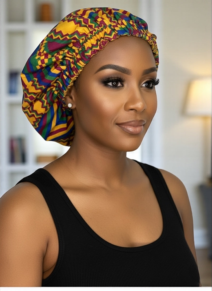 Bold African Print Satin Bonnet – Kente Pattern Sleep Cap for Natural Hair & Braids