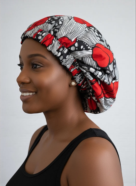 Red & Black Reversible Satin Silk Bonnet – African Print Sleep Cap for Natural Hair & Braids