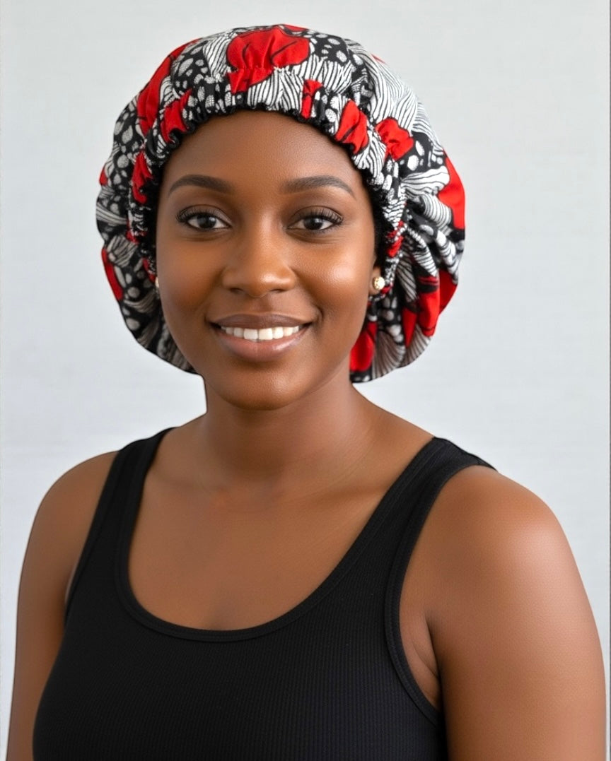 Red & Black Reversible Satin Silk Bonnet – African Print Sleep Cap for Natural Hair & Braids
