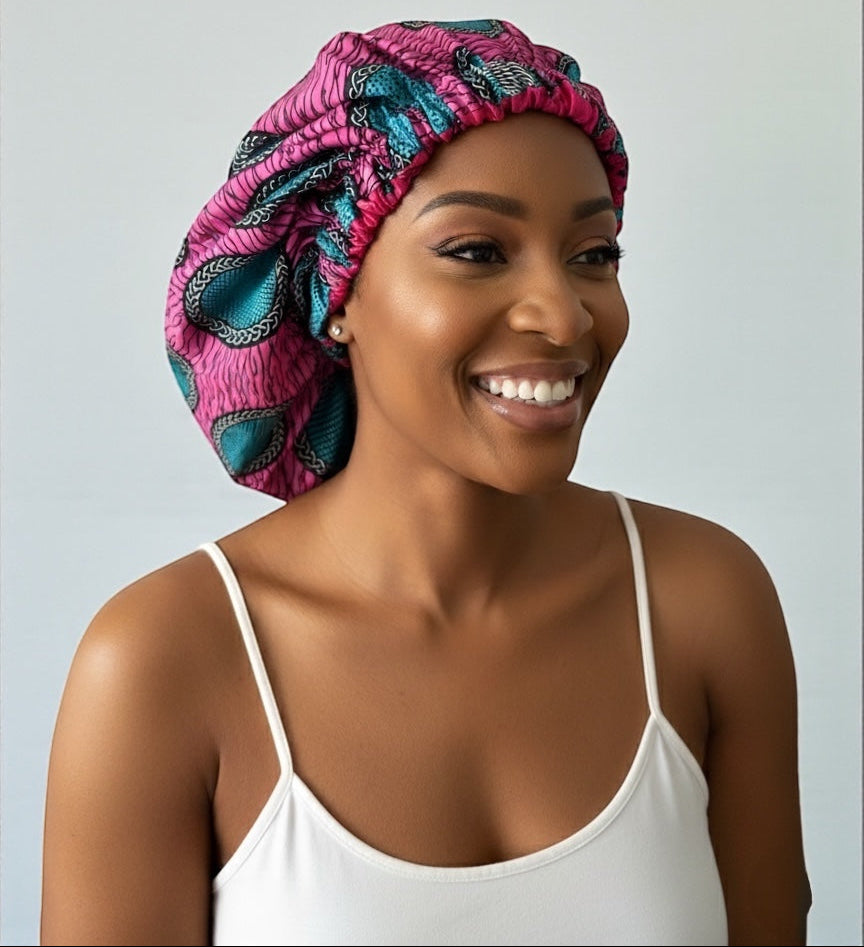 Double-Layered Ankara Pattern Satin Silk Bonnet Cap – Reversible Hair Sleep Cap