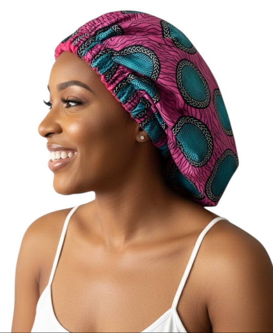 Double-Layered Ankara Pattern Satin Silk Bonnet Cap – Reversible Hair Sleep Cap