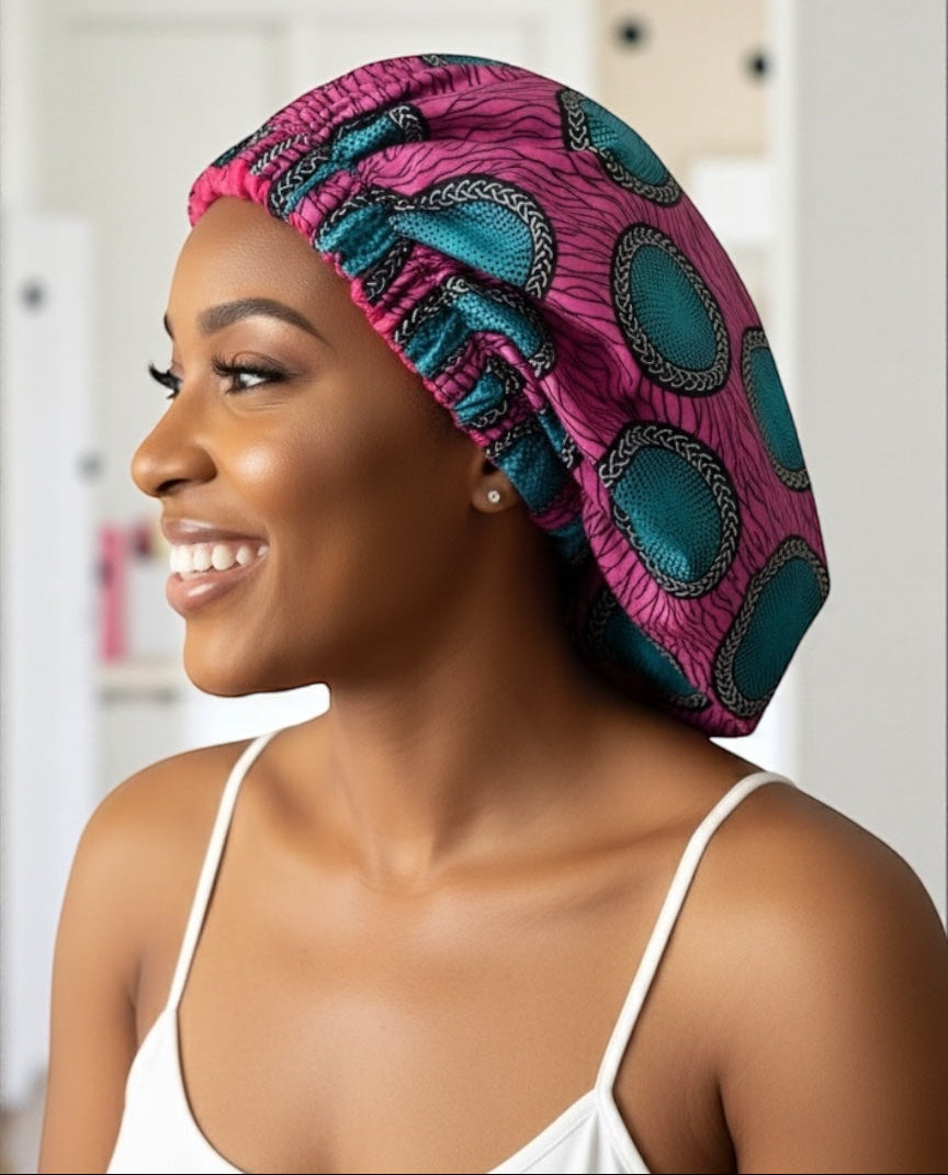 Double-Layered Ankara Pattern Satin Silk Bonnet Cap – Reversible Hair Sleep Cap