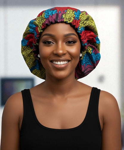 Double-Layered Ankara Satin Silk Reversible Bonnet Cap – Extra Large for Braids & Natural Hair