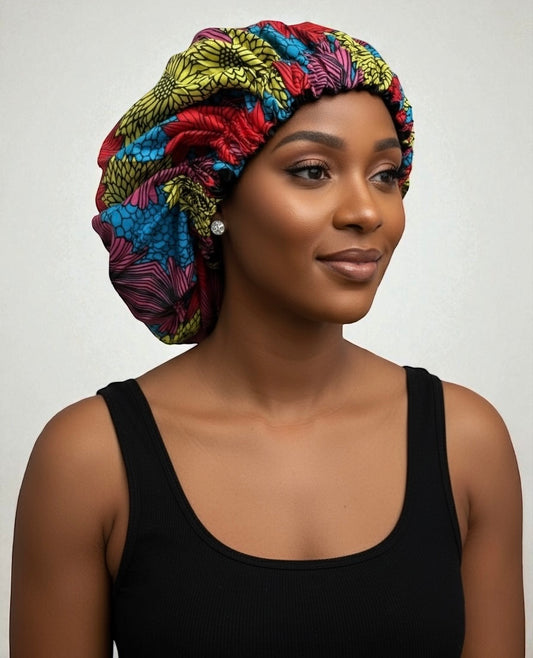 Double-Layered Ankara Satin Silk Reversible Bonnet Cap – Extra Large for Braids & Natural Hair
