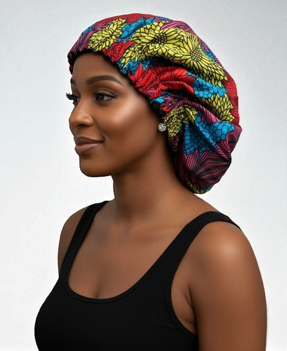 Double-Layered Ankara Satin Silk Reversible Bonnet Cap – Extra Large for Braids & Natural Hair