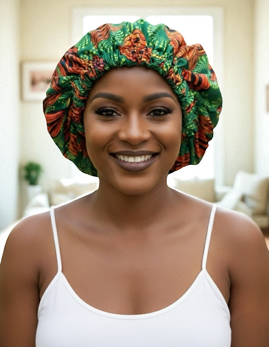 Double-Layered Ankara Satin Bonnet Cap – Green & Orange African Print Sleep Hat with Silk Lining