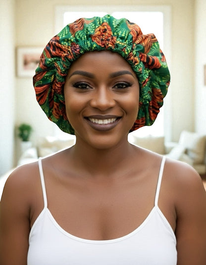 Double-Layered Ankara Satin Bonnet Cap – Green & Orange African Print Sleep Hat with Silk Lining