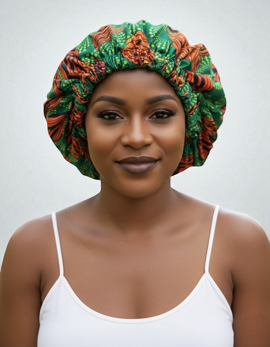 Double-Layered Ankara Satin Bonnet Cap – Green & Orange African Print Sleep Hat with Silk Lining