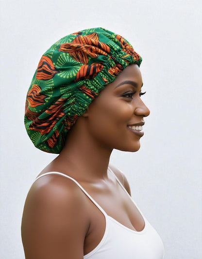 Double-Layered Ankara Satin Bonnet Cap – Green & Orange African Print Sleep Hat with Silk Lining