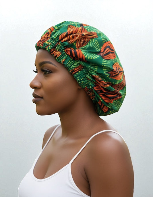 Double-Layered Ankara Satin Bonnet Cap – Green & Orange African Print Sleep Hat with Silk Lining