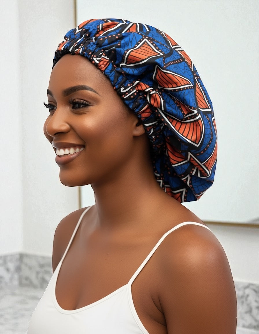 Double-Layered Reversible Ankara Satin Silk Bonnet Cap – Hair Protection Sleep Hat for Braids, Curls & Natural Hair