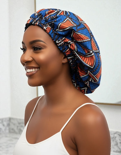 Double-Layered Reversible Ankara Satin Silk Bonnet Cap – Hair Protection Sleep Hat for Braids, Curls & Natural Hair