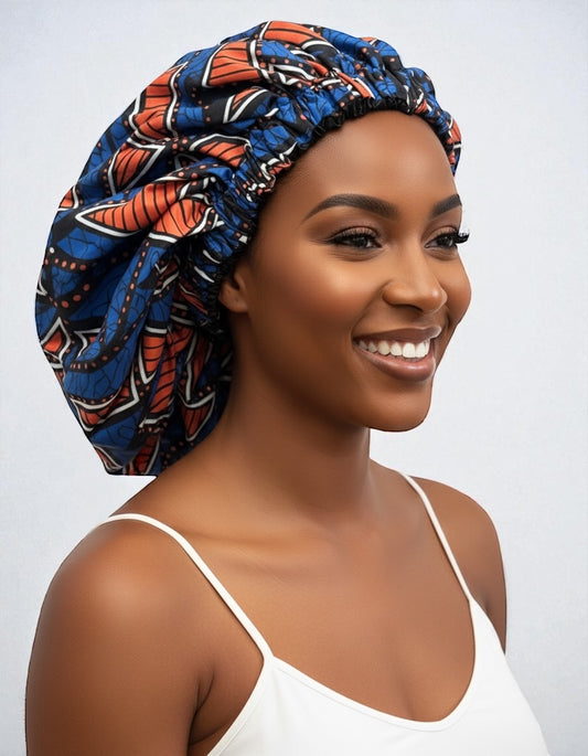 Double-Layered Reversible Ankara Satin Silk Bonnet Cap – Hair Protection Sleep Hat for Braids, Curls & Natural Hair