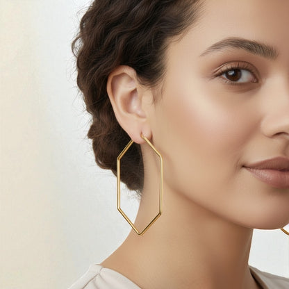 Bold 7cm Hexagon Hoop Earrings – Lightweight Gold Statement Earrings for Women - Fatisha Boutique #