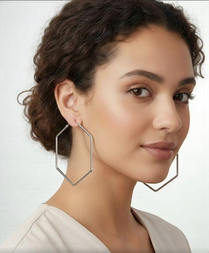 Bold 7cm Hexagon Hoop Earrings – Lightweight Gold Statement Earrings for Women - Fatisha Boutique #