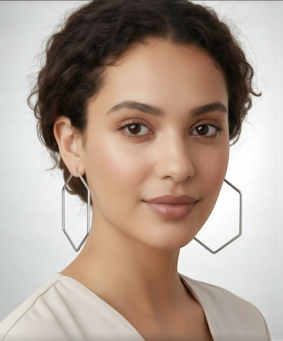 Bold 7cm Hexagon Hoop Earrings – Lightweight Gold Statement Earrings for Women - Fatisha Boutique #