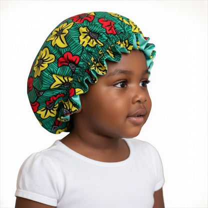 Reversible Ankara Satin Ruffle Bonnet Cap for Kids – Double Layered Hair Protection (Ages 1–5) - Fatisha Boutique #