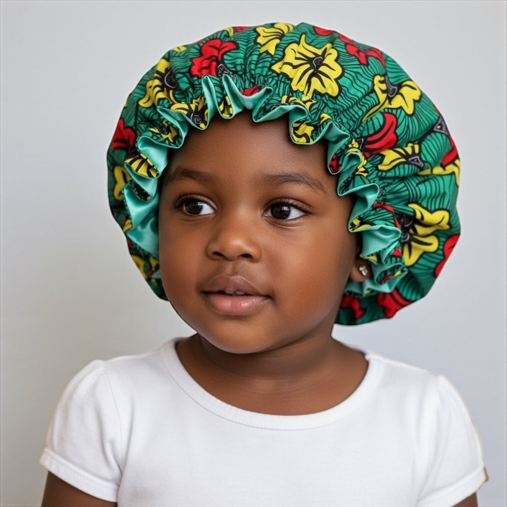 Reversible Ankara Satin Ruffle Bonnet Cap for Kids – Double Layered Hair Protection (Ages 1–5) - Fatisha Boutique #
