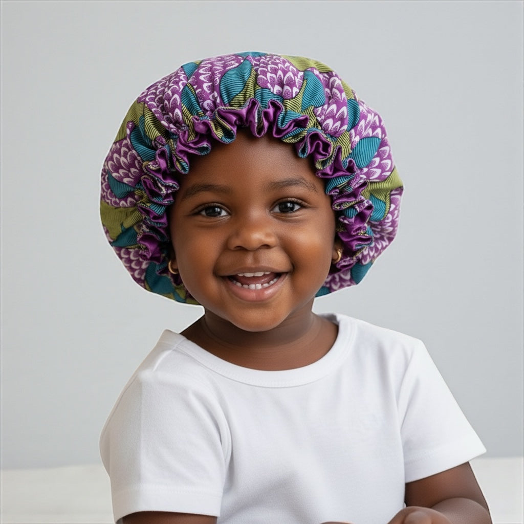 Reversible Ankara Satin Ruffle Bonnet Cap for Kids – Double Layered Hair Protection (Ages 1–5) - Fatisha Boutique #