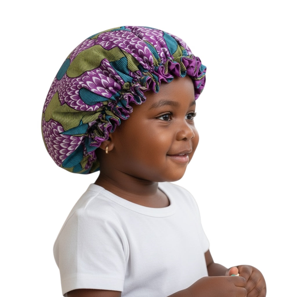Reversible Ankara Satin Ruffle Bonnet Cap for Kids – Double Layered Hair Protection (Ages 1–5) - Fatisha Boutique #