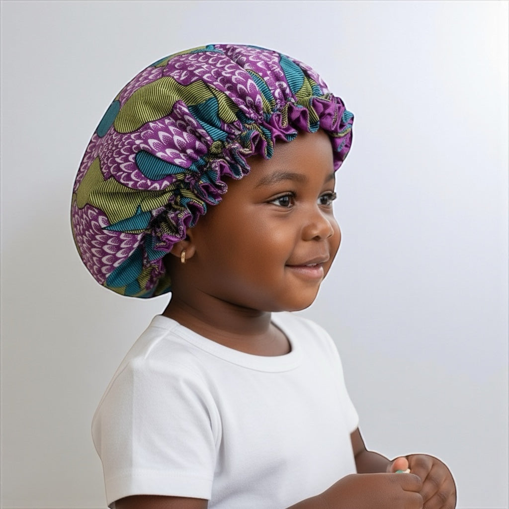 Reversible Ankara Satin Ruffle Bonnet Cap for Kids – Double Layered Hair Protection (Ages 1–5) - Fatisha Boutique #