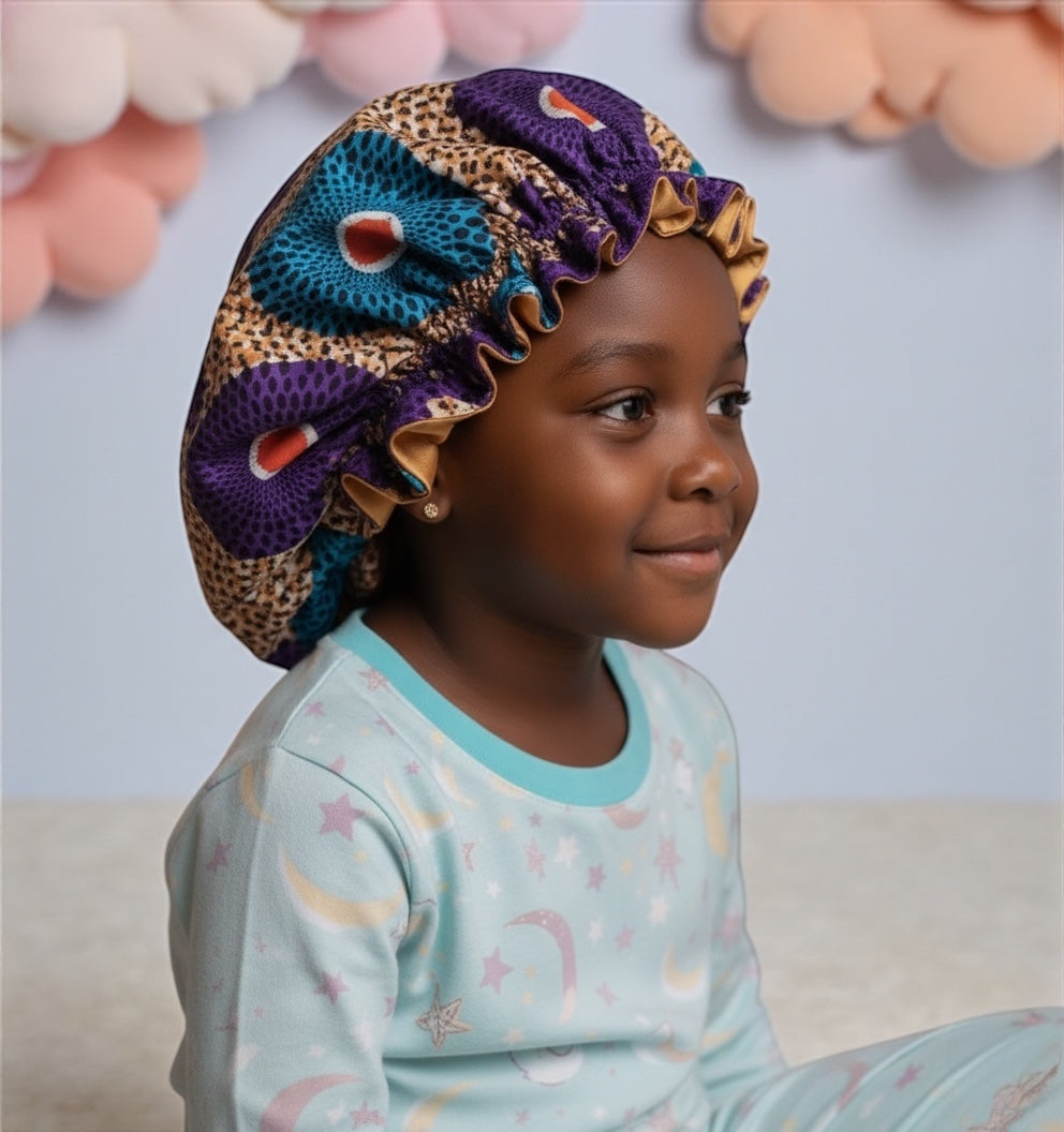 Reversible Ankara Satin Ruffle Bonnet Cap for Kids – Double Layered Hair Protection (Ages 1–5) - Fatisha Boutique #