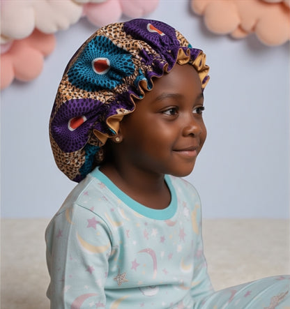 Reversible Ankara Satin Ruffle Bonnet Cap for Kids – Double Layered Hair Protection (Ages 1–5) - Fatisha Boutique #