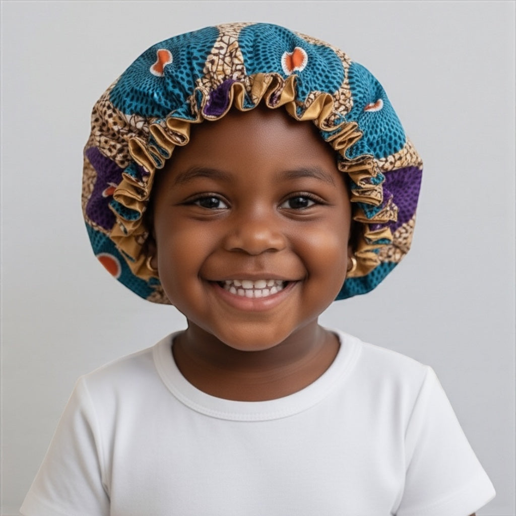 Reversible Ankara Satin Ruffle Bonnet Cap for Kids – Double Layered Hair Protection (Ages 1–5) - Fatisha Boutique #