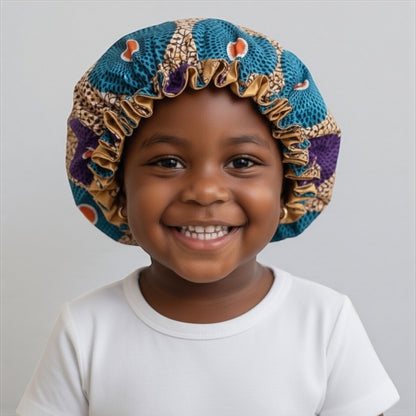 Reversible Ankara Satin Ruffle Bonnet Cap for Kids – Double Layered Hair Protection (Ages 1–5) - Fatisha Boutique #