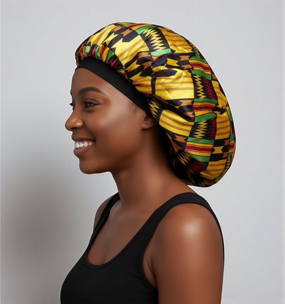 Double-Layered Reversible Ankara Satin Silk Bonnet Cap – Hair Protection for Natural Hair, Braids & Curls - Fatisha Boutique #