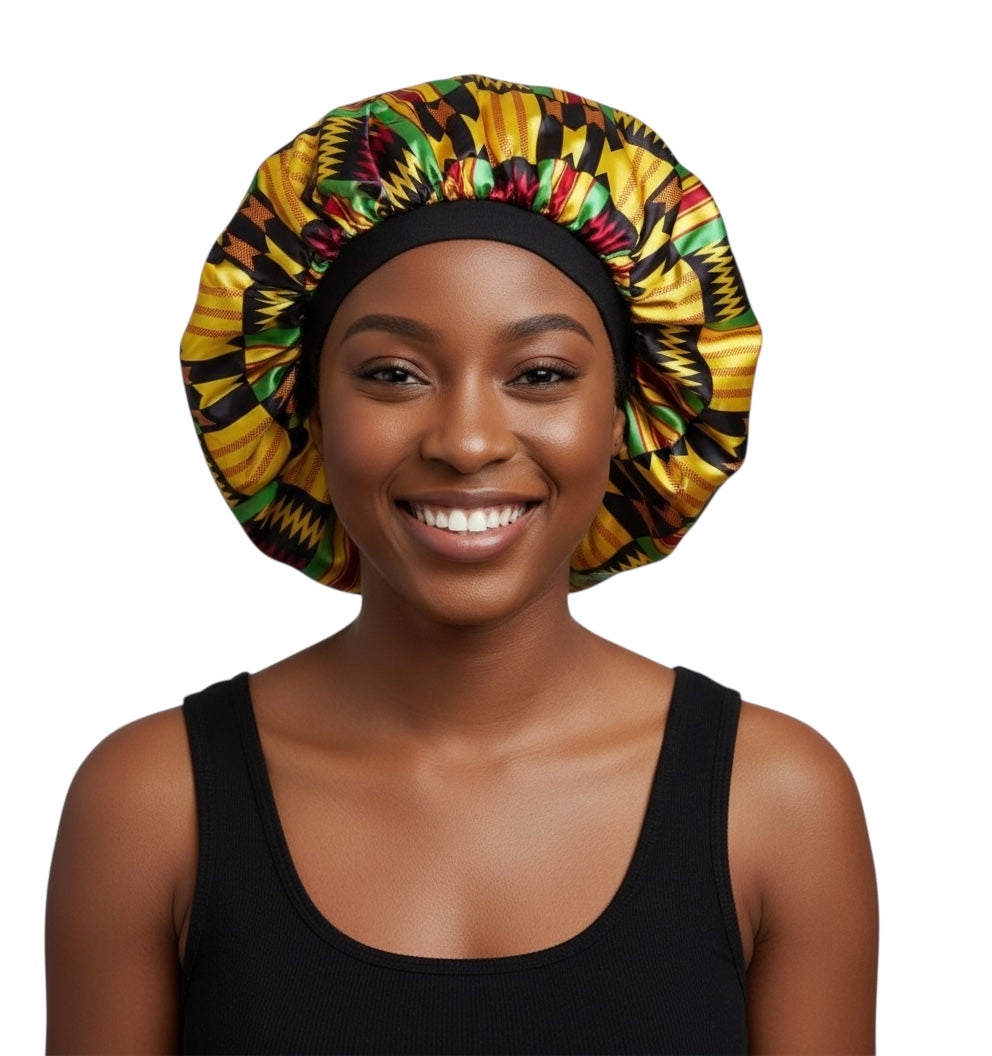 Double-Layered Reversible Ankara Satin Silk Bonnet Cap – Hair Protection for Natural Hair, Braids & Curls - Fatisha Boutique #