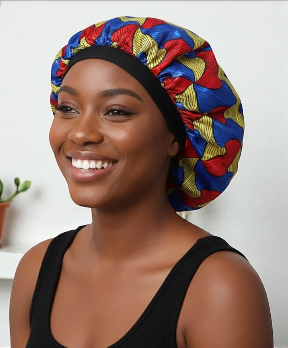 Double-Layered Reversible Ankara Satin Silk Bonnet Cap – Hair Protection for Natural Hair, Braids & Curls - Fatisha Boutique #