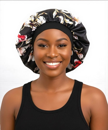 Floral Satin Silk Bonnet Cap – Breathable, Stylish Hair Wrap for All Hair Types & Textures - Fatisha Boutique #