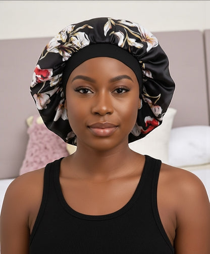 Floral Satin Silk Bonnet Cap – Breathable, Stylish Hair Wrap for All Hair Types & Textures - Fatisha Boutique #