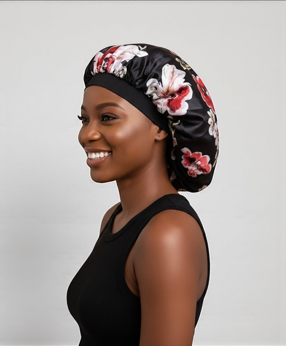Floral Satin Silk Bonnet Cap – Breathable, Stylish Hair Wrap for All Hair Types & Textures - Fatisha Boutique #