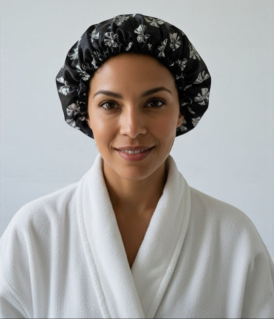 Adjustable Double-Layered Satin Silk Shower & Deep Conditioning Bonnet Cap – Waterproof, Reversible Hair Protector - Fatisha Boutique #
